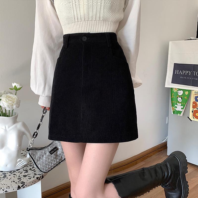 Women's Coffee Corduroy High Waist A-line Skirt - Korean Style, Autumn/Winter, Slim Fit
