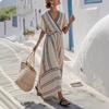 Women's V Neck Short Sleeve Maxi Dress Loose Fit Mid Waist Elegant Striped Wrap Dress