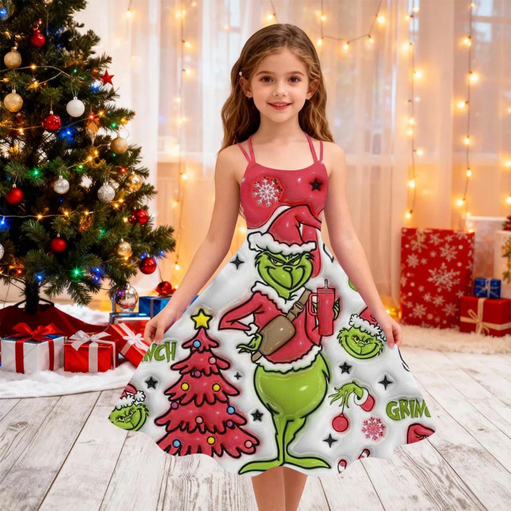 Children's Fashion Casual Christmas Print Off-Shoulder Punk Vintage Dress