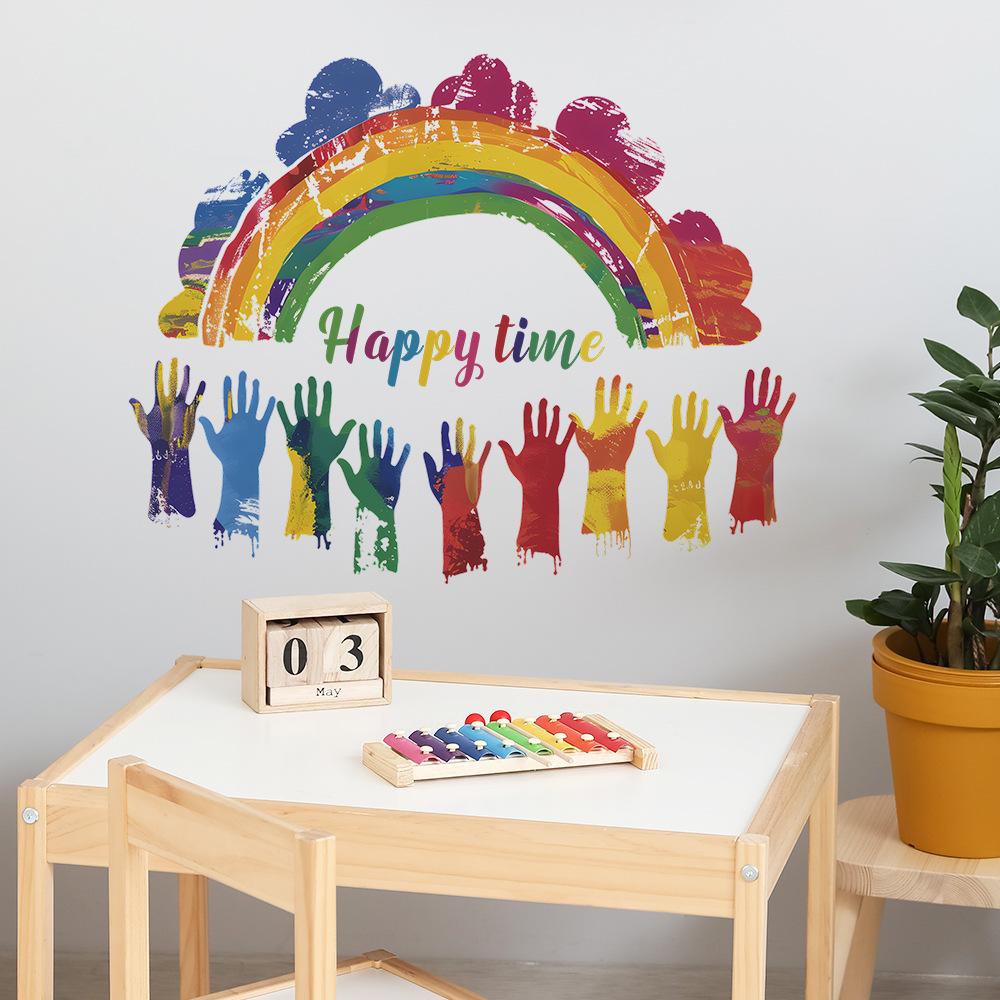 Graffiti Handprint Rainbow Happy Time Wall Sticker Self-Adhesive for Kids Room Kindergarten Wall Decoration