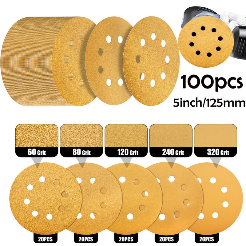 100 Stück 5 Zoll 125 mm 8-Loch Schleifscheiben Schleifpapier 60-320 Körnung Gold Rund Klett für Exzenterschleifer für Holz