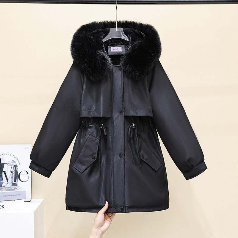 Daunenjacke mit Fleece-Futter und Kapuze, Wintermantel für Damen, warm, gepolstert, Parkas mit Kordelzug, koreanische Casual Streetwear, Puffer-Oberbekleidung für Damen