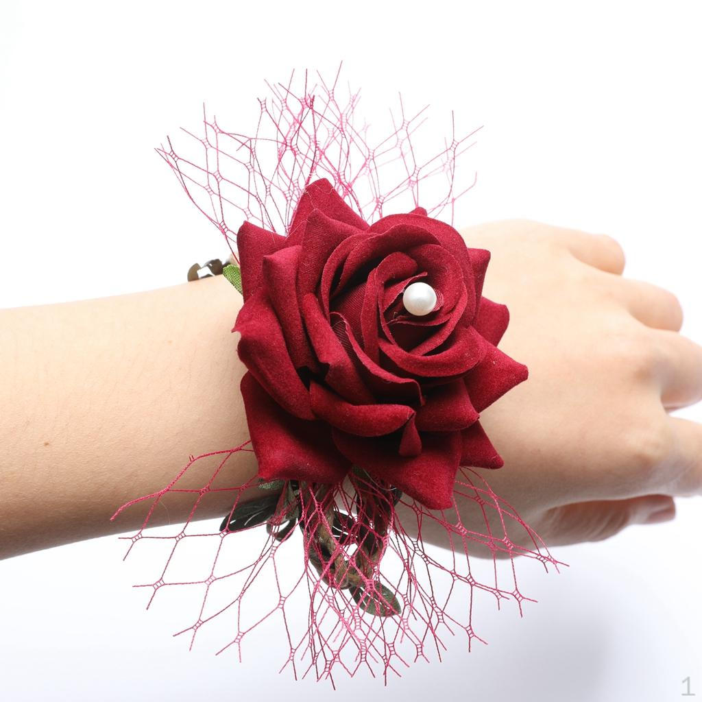 

Artificial Rose Flower Wrist Corsage Braided Leaves Wedding Hand вино красного