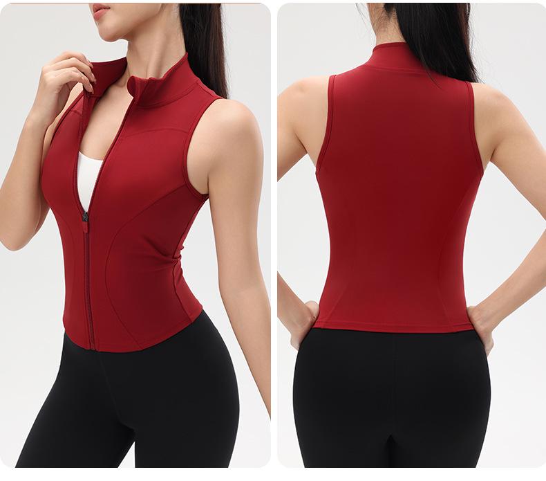 Dámský nahý top na jógu se zipem a ochranou proti nárazům - Zeštíhlující bez rukávů se stojáčkem pro letní venkovní sporty.