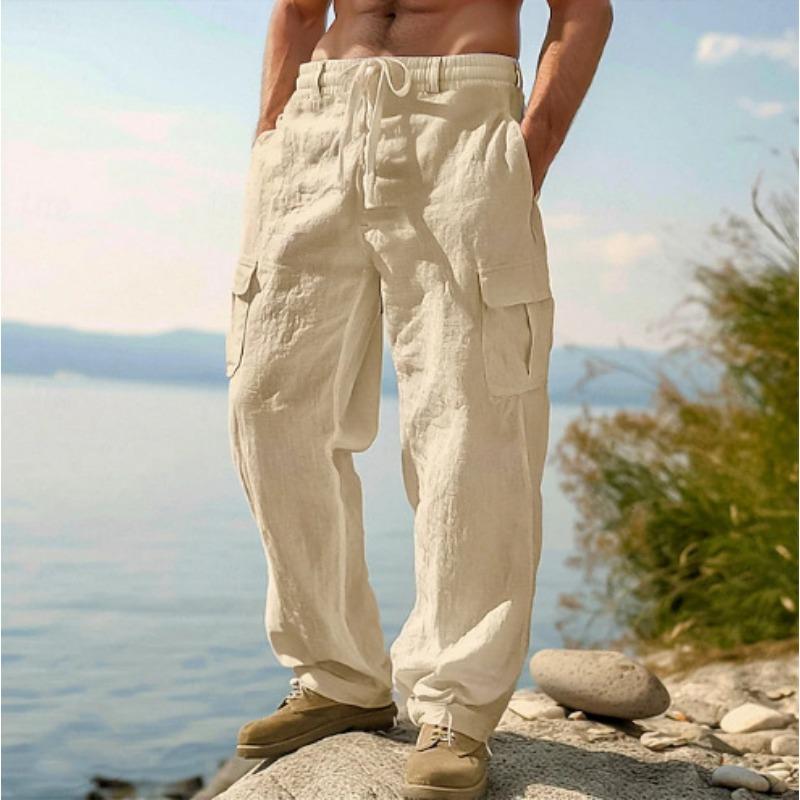 Amazon's new men's cotton and linen four-season thin breathable tooling multi-pocket loose casual trend wide-leg pants