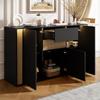Buffet/commode, avec 3 portes, 1 tiroir et éclairage LED réglable – en noir avec veinage de bois naturel, 140×40×82cm