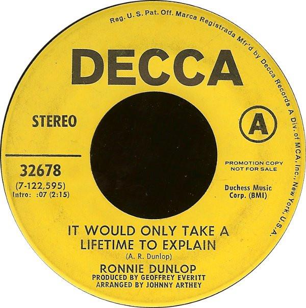 

7inch Record RONNIE DUNLOP - It Would Take A Lifetime To Explain 32678PROMO Decca 1970 Canada Rock Used