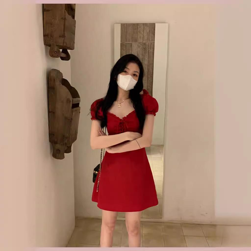 

GMXIA Красное платье с квадратным вырезом и пышными рукавами, женское летнее дизайнерское утягивающее платье А-силуэта с юбкой L красный