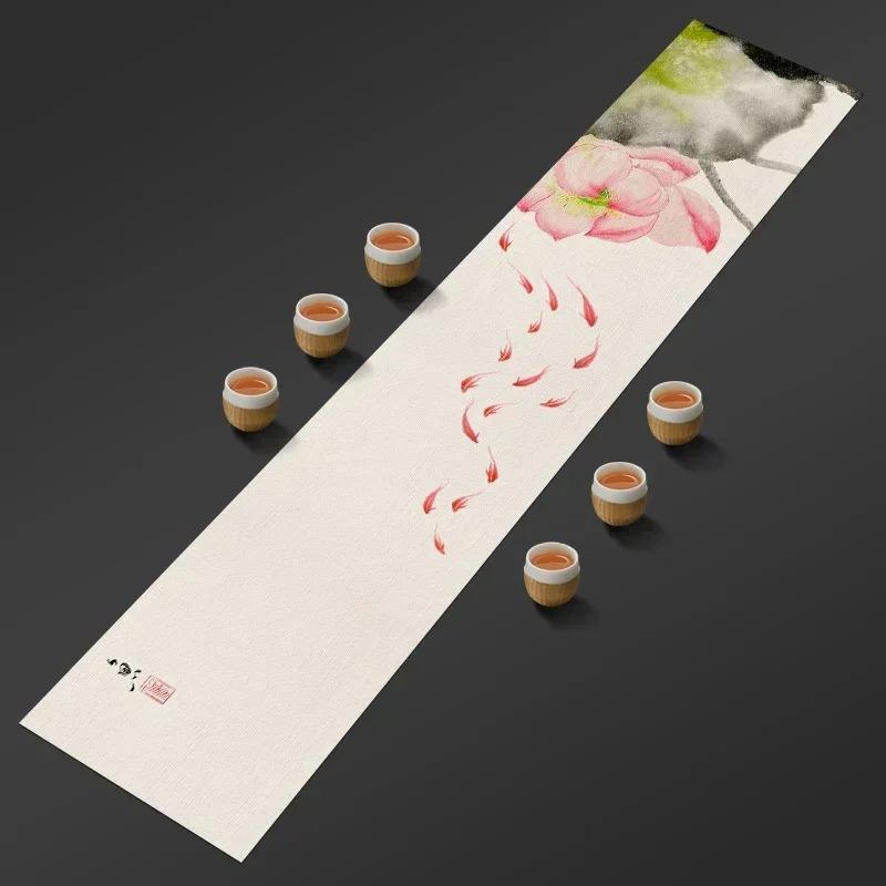 Chinese Lotus Pattern Table Runner Water-Repellent Coffee Table Cloth Decorative Cotton Linen Tea Mat Tea Ceremony Accessories