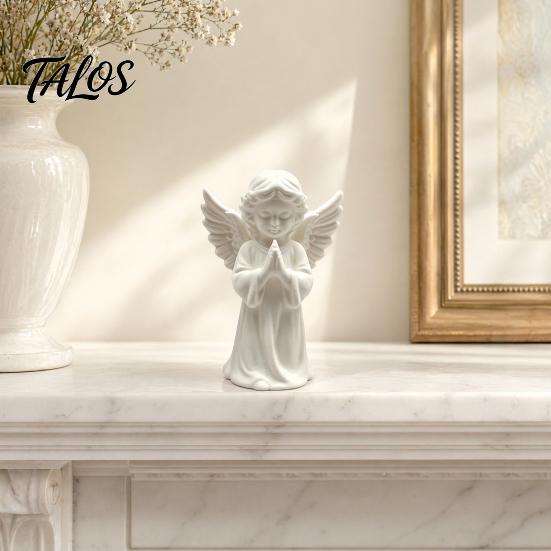 Talos 3D Printed Praying Angel Statue, Elegant Matte White Cherub Figurine with Detailed Wings, Durable Minimalist Ornament for Living Room Decor and