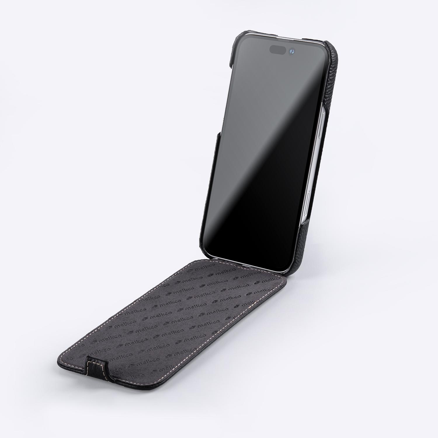 

MELKCO For iPhone 16 Pro Max Case Compatible with MagSafe Vertical Flip Genuine Cow Leather+PC Phone Cover Black