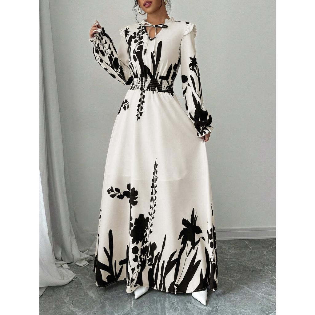 Women's Stand Collar Long Sleeve Maxi Dress Loose Elastic Waist Floral A-Line Sundress Polyester Vacation Dress