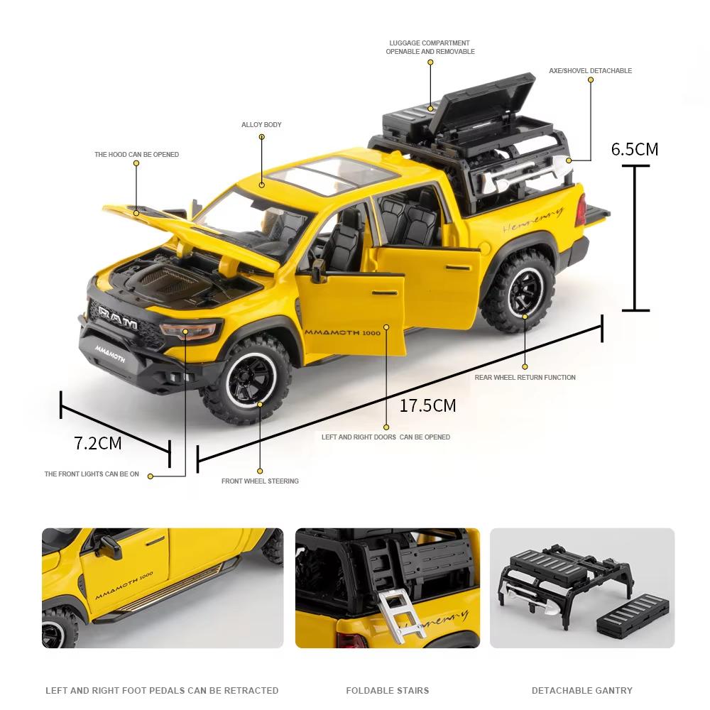 New 1:32 Dodge RAM 1000 TRX Mammoth Picku Alloy Car Model with Sound and Light Pull Back Children's Toy Collectible Birthday Gift
