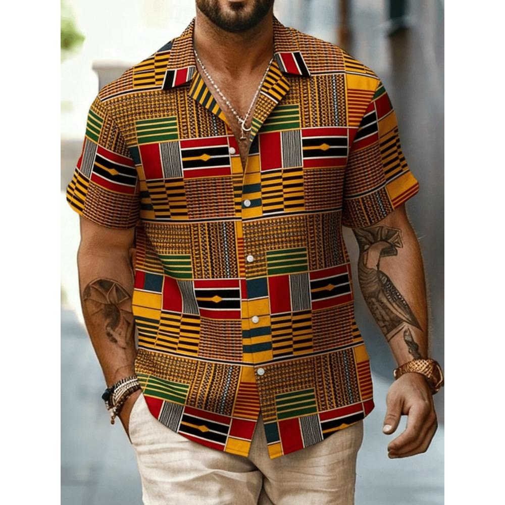 Men's African Tribal Print Short Sleeve Shirt, Geometric Ethnic Pattern