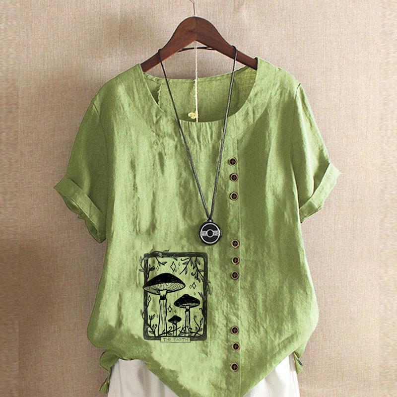 

Женская модная футболка с круглым вырезом и коротким рукавом, повседневная рубашка из хлопка и льна с рисунком, свободная летняя блузка с принтом грибов, топы 5XL зелёный