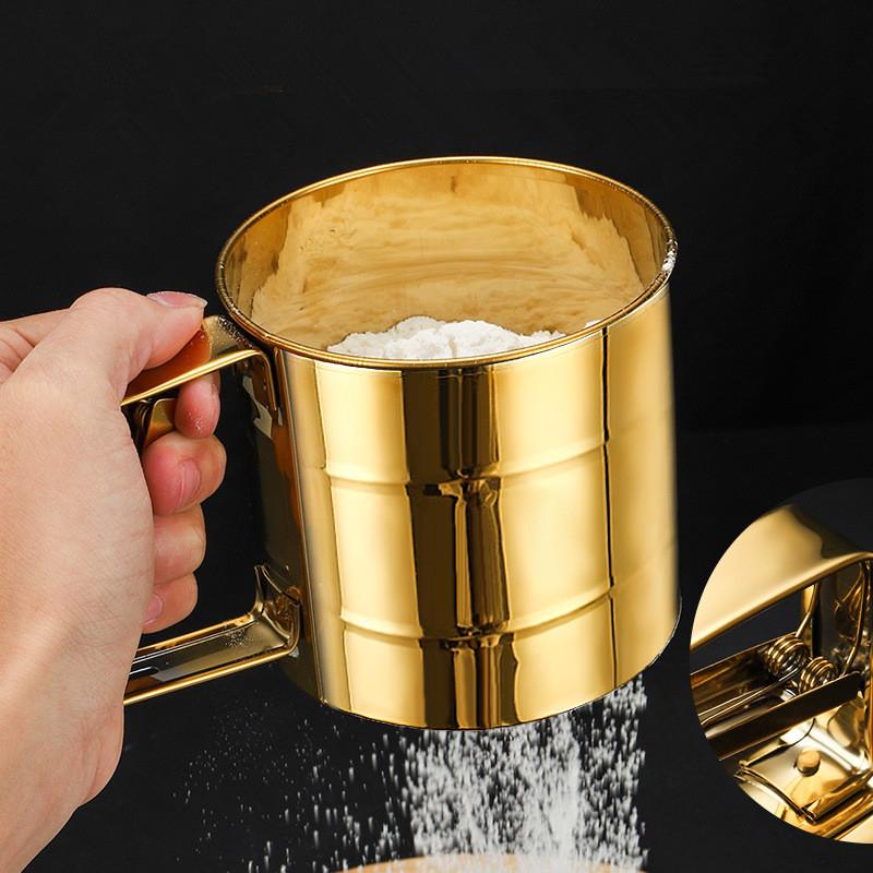 Semi-automatic Fine Mesh Flour Sieve Sifter with Measuring Scale Stainless Steel Icing Sugar Filter Cup Strainer Kitchen Baking