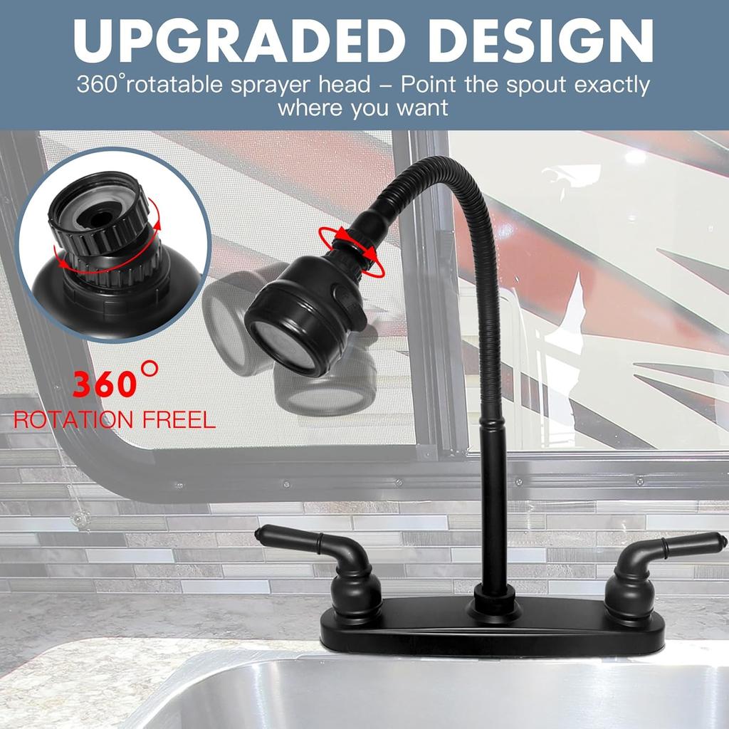 RV Kitchen Faucet,Camper RV Kitchen Sink Faucet Replacement With 2 Handles Flexible Spout 360 Swivel Rotatable Tri-Function Sprayer For