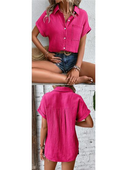 European American Women's Cotton Shirt - 2026 Summer Collection: Solid Color Casual Button-Up