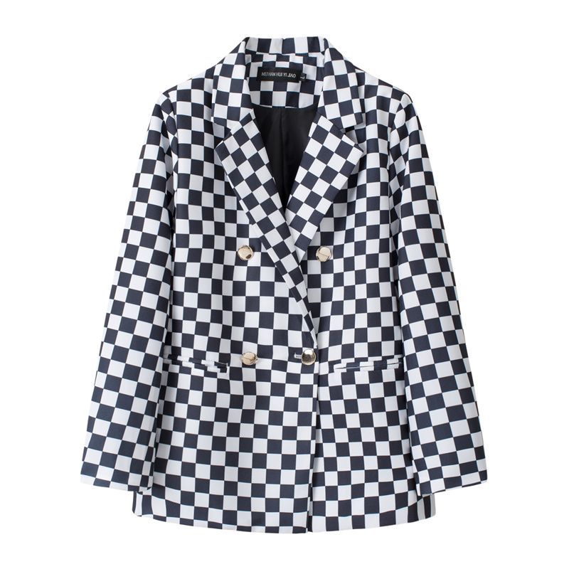 Blue Blazer Women British Style Checkered Suit Jacket Elegant Office Wear New Arrival Performance Outfit