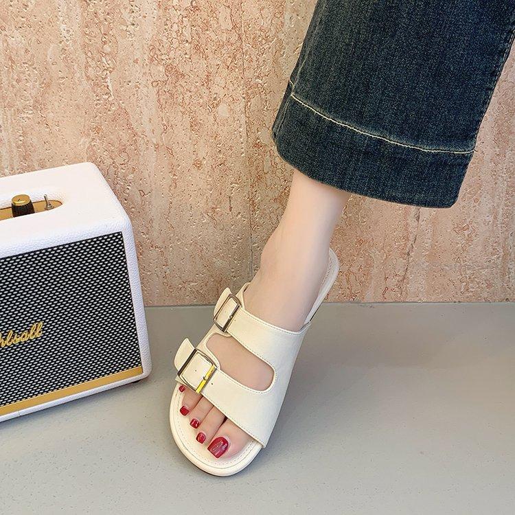 Temperament fairy style belt buckle open-toed square head slippers female summer wear French beautiful flat heel one word sandals sandals