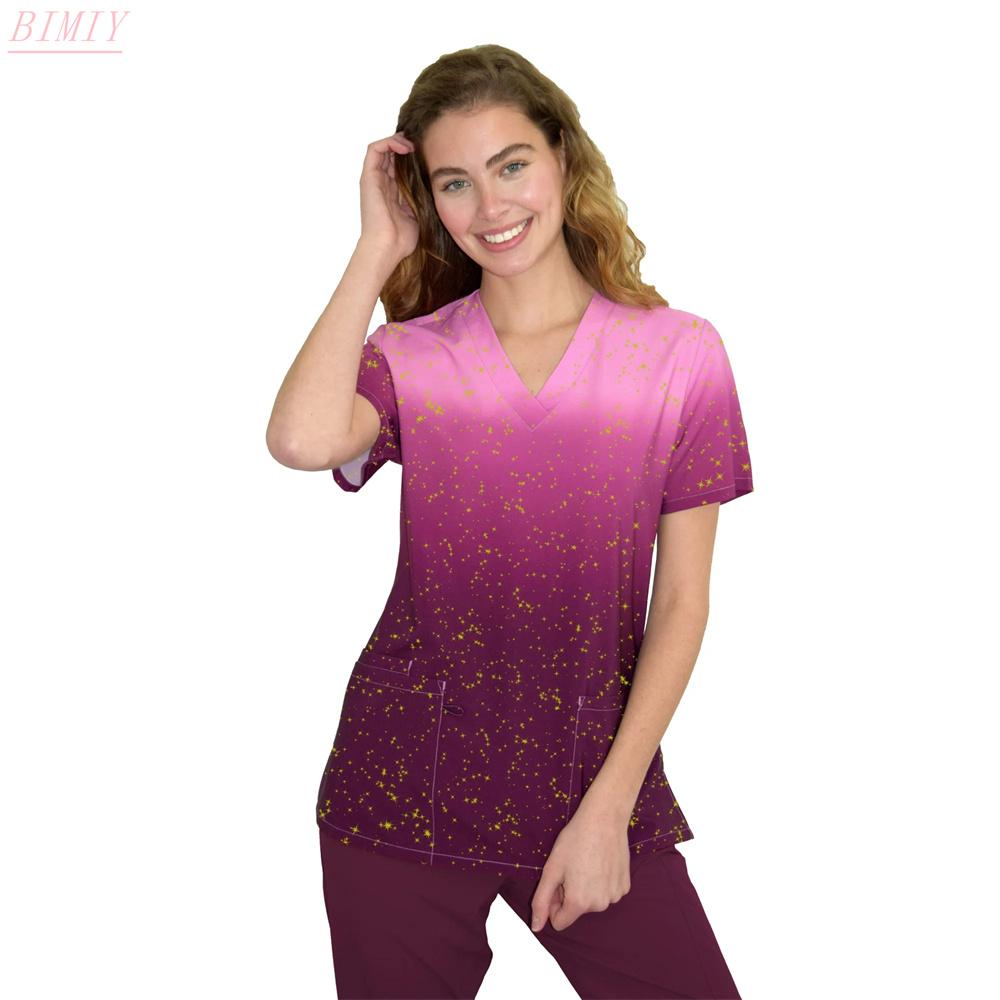 

Solid Color Sequin Nurse Uniform Print Top V-Neck Pocket Medical Uniforms Nursing Scrubs Tops Working Clothes uniforme enfermera S