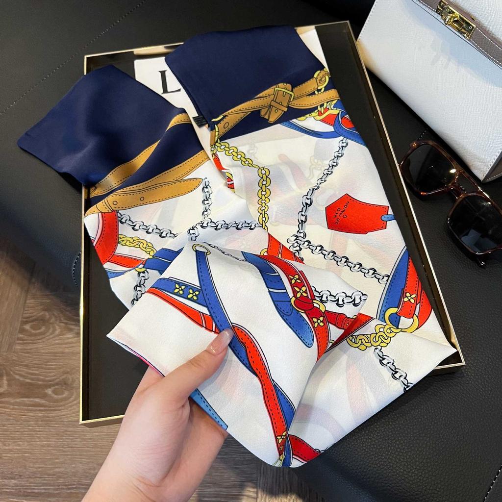 Long Silk Scarf Women's New Small Silk Scarf Printing Simulation Silk Tied Bag Streamer Explosion Sweet Little Scarf