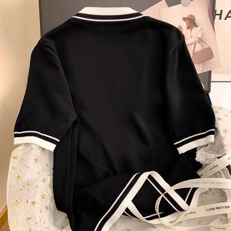 Μπλουζάκια από Μετάξι Lce με Στρογγυλή Λαιμόκοψη και Χάντρες Μόδα Γλυκά Πλεκτά Κοντομάνικα T-shirt Καλοκαίρι Φαρδιά Μαύρα Τοπ Γυναικεία