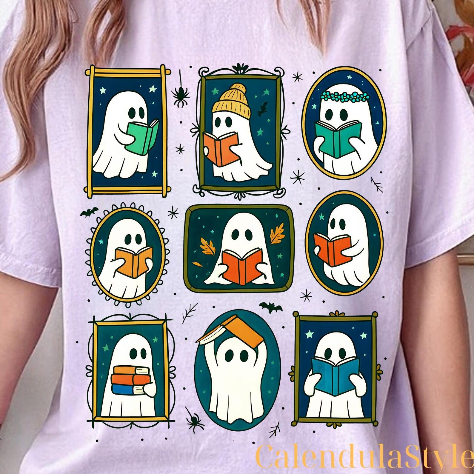 Ghost Coquette Collage Tee, Halloween Ghost Librarian Shirt, Cute Ghosts Reading Books Tee, Ghost Halloween Gift, Cute Ghost Book Nerd Tee S