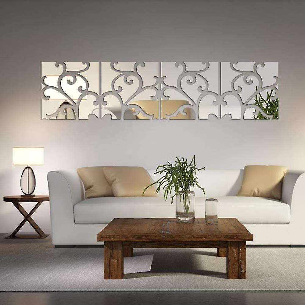 Acrylic Mirror Wall Sticker, 4 Pcs DIY Removable Waterproof Floral Mirror Wall Decals Decorative Mur