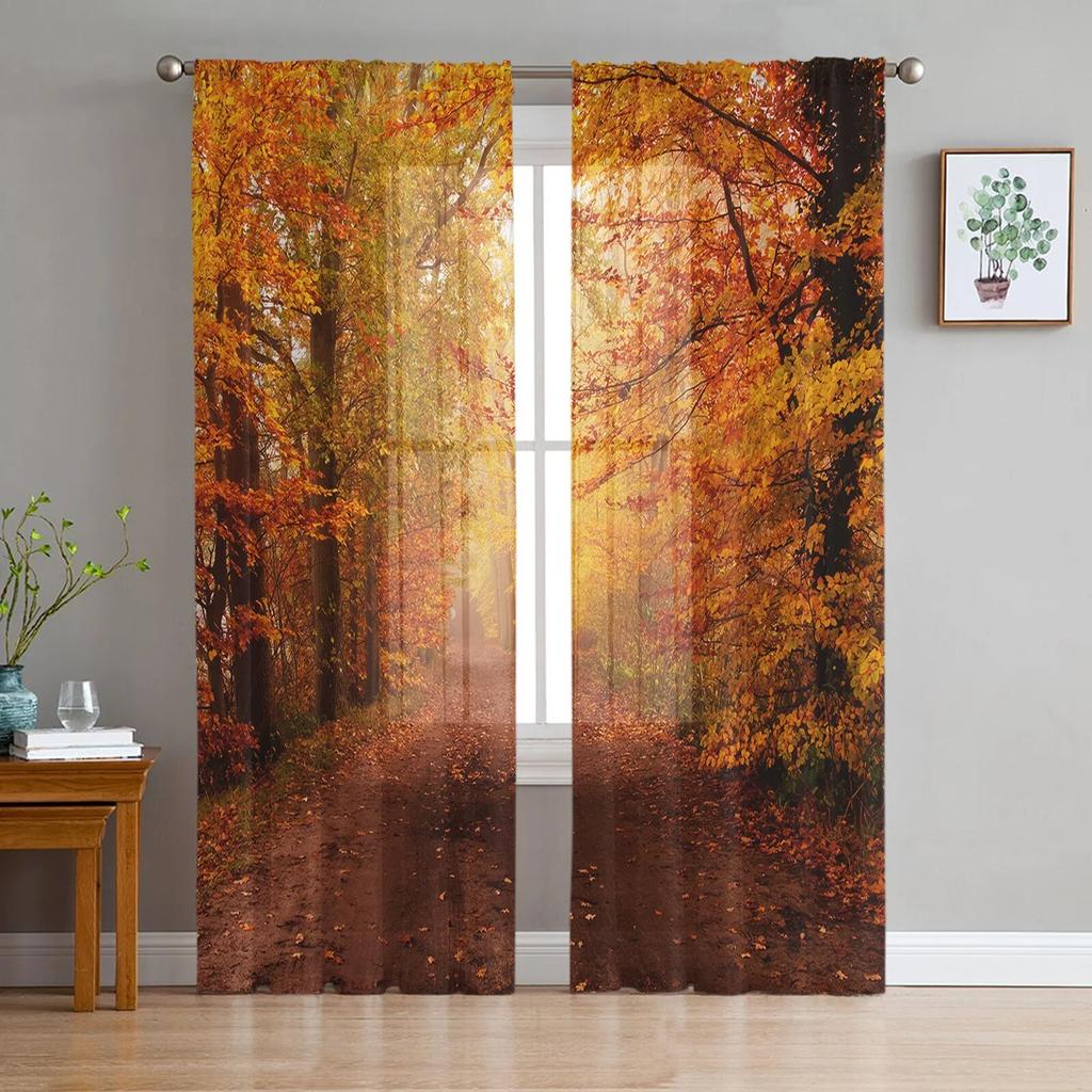 Javorové listy Listnatý les Šifon Průsvitné závěsy do obývacího pokoje Domácí dekorace Okno Voál Tyl Závěsy na závěsy
