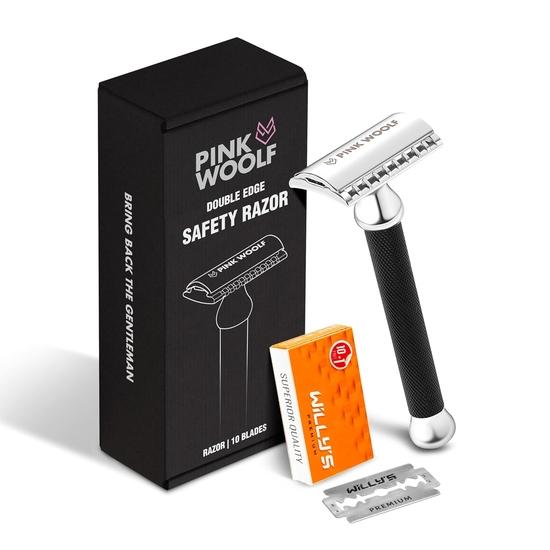 

Мужская бритва Pink Woolf с двойным лезвием, безопасная бритва с открытым гребнем OC70, ручка с ромбовидной насечкой для влажного бритья и действительно гладкого бритья, упаковка 1 шт. (ЧЕРНЫЙ)