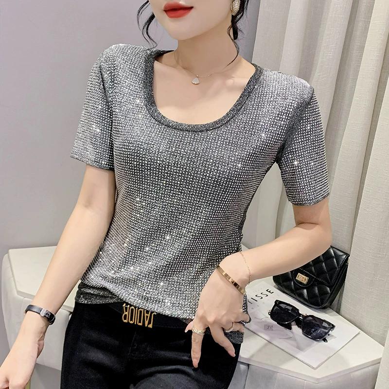 Women S-3XL Size Round Neck Rhinestone Shiny Base Shirt Temperament Fashion Short Sleeved Slim Pullovers Top