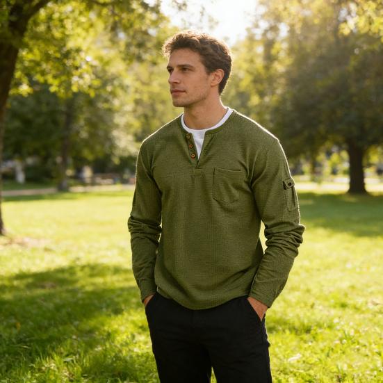 Herr Fusk Lager på Lager Skjorta Långärmad Falsk Tvådelad Våffelstickad Skjorta med Fickor Casual Lös Passform Texturerad Pullover för Sport Resor Kontor Gata