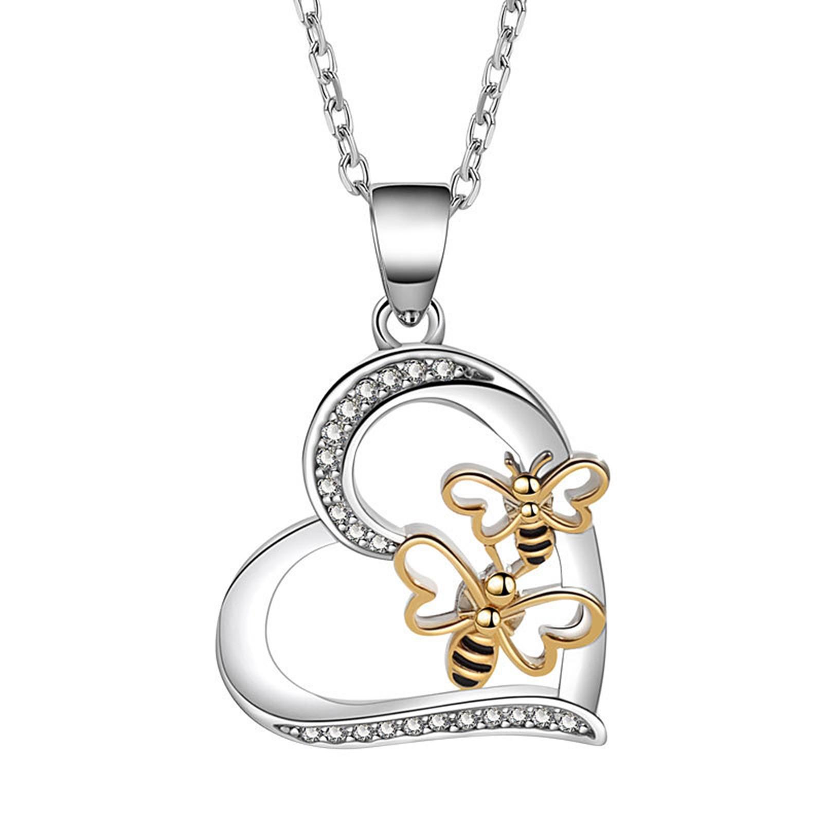 Love Bee Bicolor Necklace For Women With Zirconia Heart Shaped Pendant And Collar Chain One Size