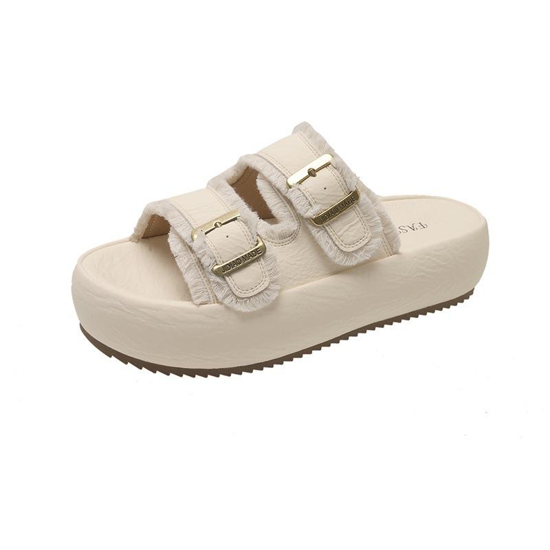 

Thick-bottomed Boken slippers for women s summer wear 2025 new casual seaside beach flat-bottomed women s one-word cool slippers 40 бежевий