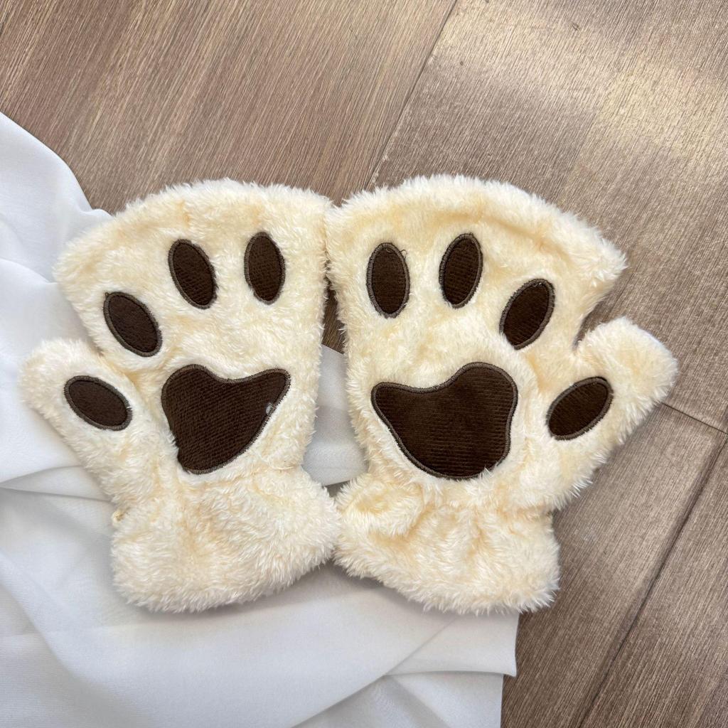 Women's Cute Cat & Bear Paw Fingerless Fleece Gloves