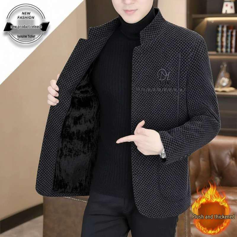Herren Winter 2026 Wollmantel mit Stehkragen und Samtbesatz