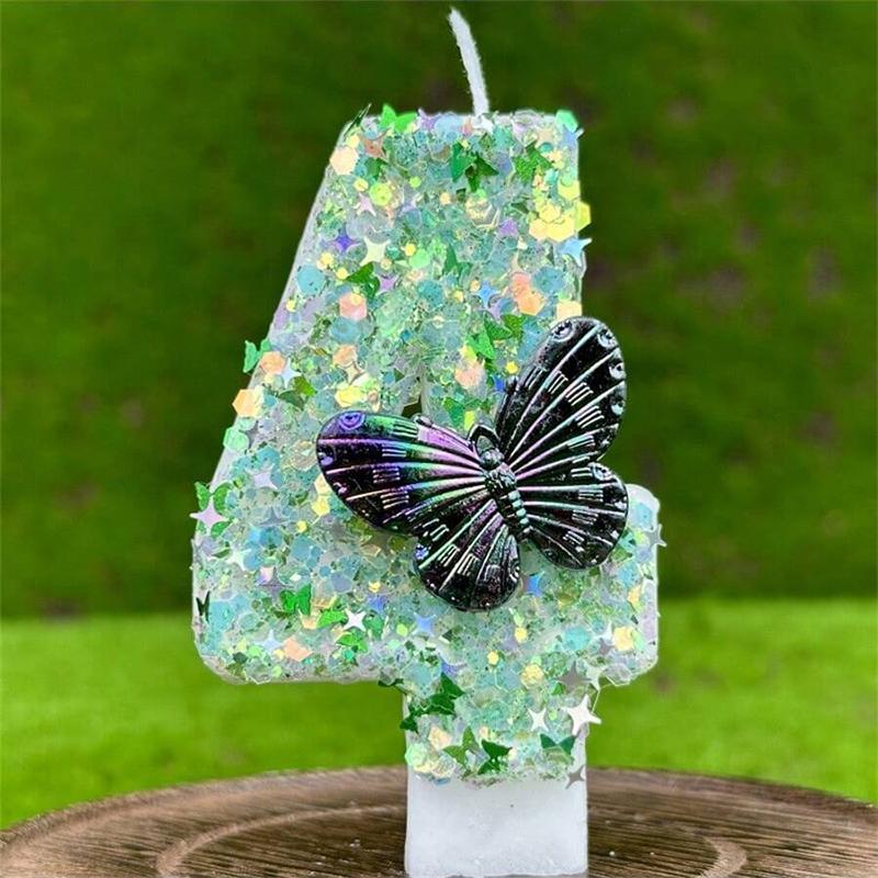 1Pc Green Sequins Number 0-9 Butterfly Cake Candles Birthday Party Decoration Favors Cupcake Topper Cake Decor Supplies