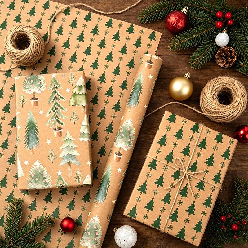 Vintage Kraft Christmas Gift Wrapping Paper Double Sided Print Kraft Roll Pine Tree Reindeer DIY Present Packaging Sheet
