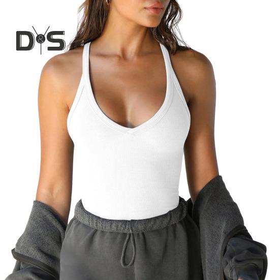 Women Summer Top Low Cut V Neck Sleeveless Elastic Knitted Soft Sweat Absorption Solid Color Slim Fit Sport Exercise Tank Top