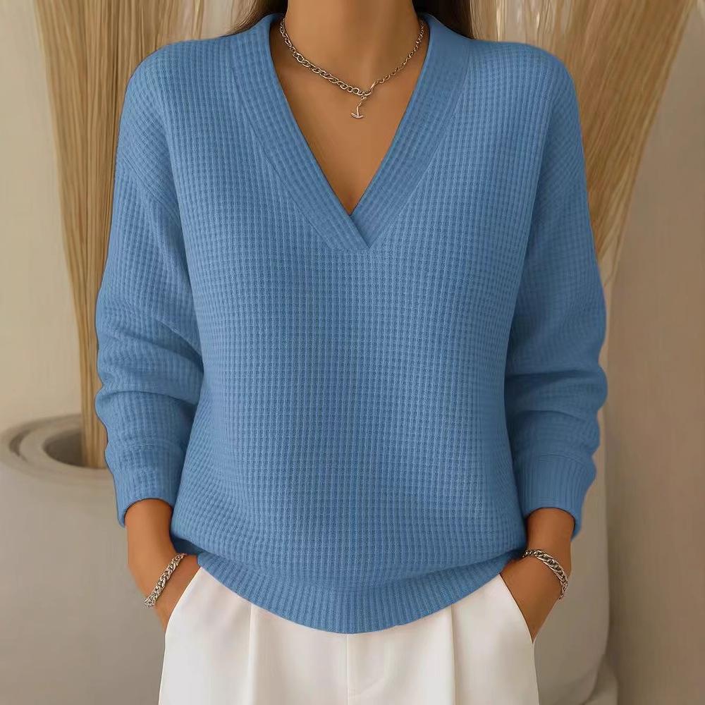 Autumn New Women's Casual Loose Fashion Solid Color Waffle Long-sleeved Pullover Top