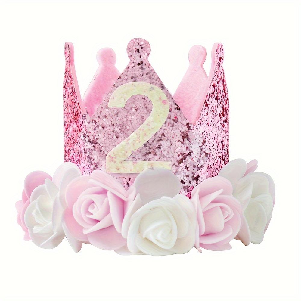 1PC 1, 2, 3, 4, 5 Birthday Hat, Pink and White Flowers and Pink Sequined Felt Birthday Party Crown Hat