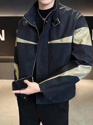 Men's Retro Color Block Stand Collar PU Leather Jacket - Autumn/Winter Casual Coat