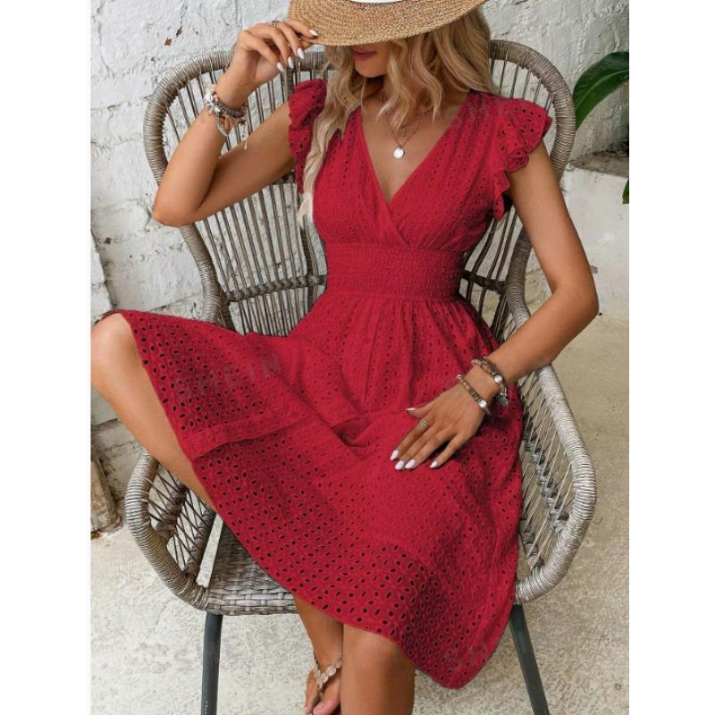 Women's Ruffle Sleeve Hollow Out Dress Elastic Waist V Neck Midi Sundress Casual Summer Party Dress