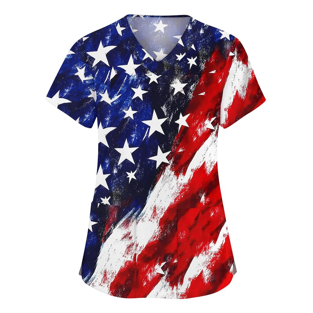 Women's Fashion V-neck Short Sleeve Workwear With Pockets Printed Tops