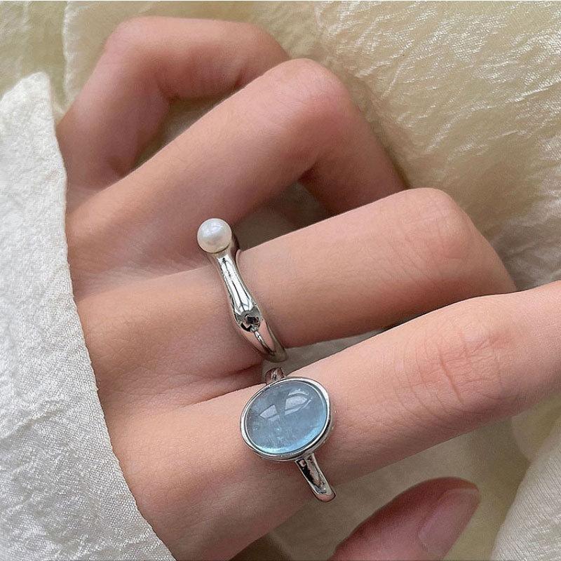 Ice blue crystal aquamarine ring female ins design Internet celebrity ring trend open ring