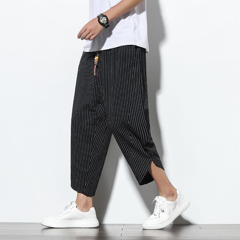 Summer Casual Men's Pants Harajuku Striped Baggy Pants Cotton Linen Wide Leg Harem Trousers for Men