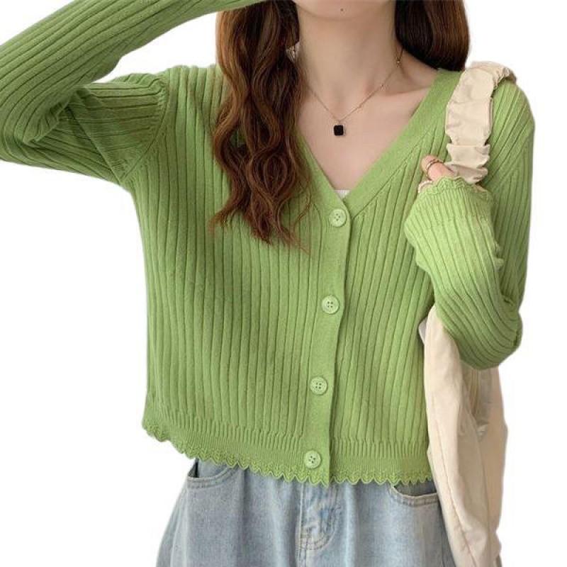 Womens V-Neck Ribbed Knit Cardigan Long Sleeve Slim Fit Outerwear Top Casual Korean Style