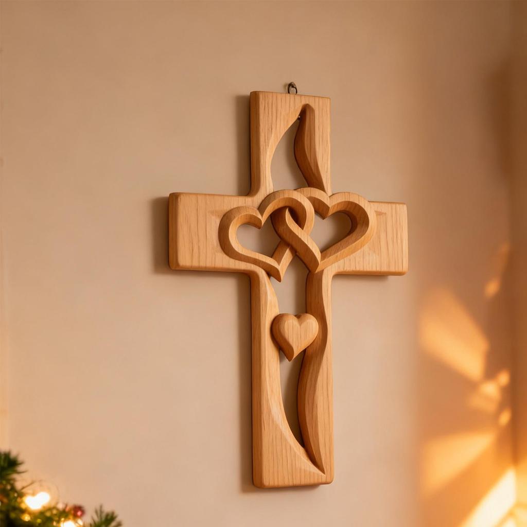 Hand-Carved Intertwined Hearts Wooden Cross Religious Hand-carved Decoration Rustic Hollow Heart Statue Wall Decor For Home