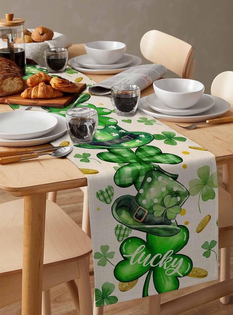 Spring St.Patrick Clovers Lucky Hats Linen Table Runner Party Decor Washable Kitchen Dining Table Runner St.Patrick Decorations